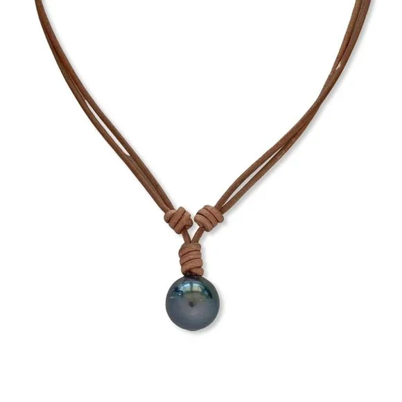 16mm Genuine Goutte Baroque Tahitian Pearl in Light Brown Greek Leather Necklace
